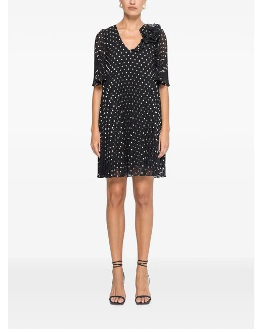 Nissa Black Polka-Dots Pleated Midi Dress