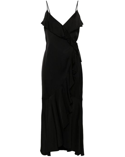 Twin Set Black Ruffled-detail Satin Midi Dress