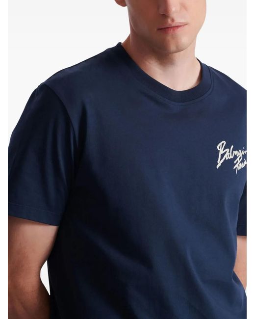 Balmain Blue Printed Cotton T-Shirt for men
