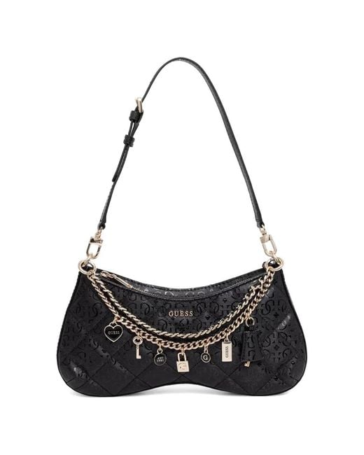 Guess Black Libby Quilted Charm-Detail Shoulder Bag