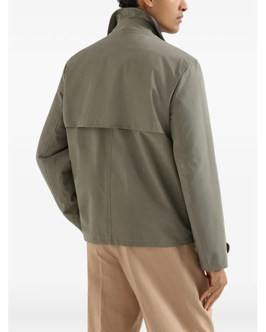 Brunello Cucinelli Green Water-Resistant Techno Cotton Gabardine Outerwear Jacket With Leather Inserts And Hook Fastening for men