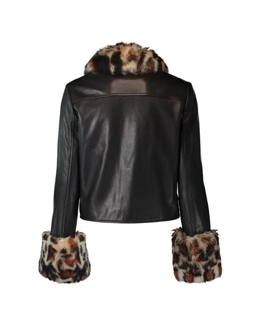 Susan Bender Black Leopard-Trim Leather Jacket