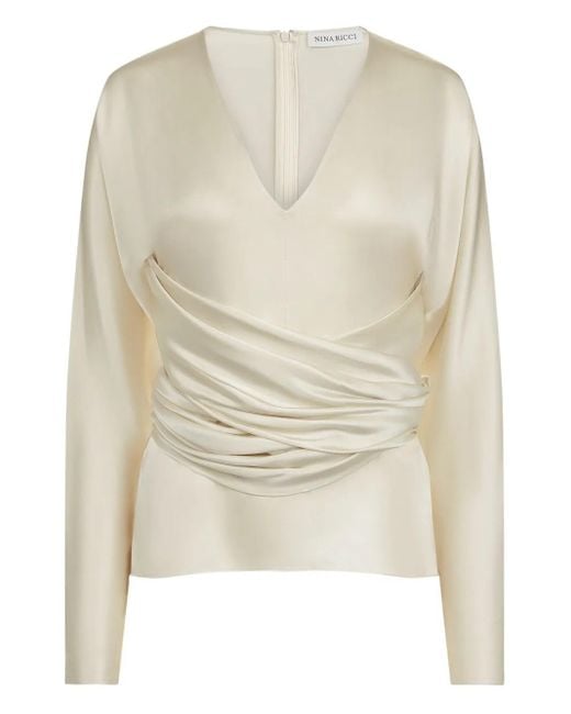 Nina Ricci White Draped V-Neck Top