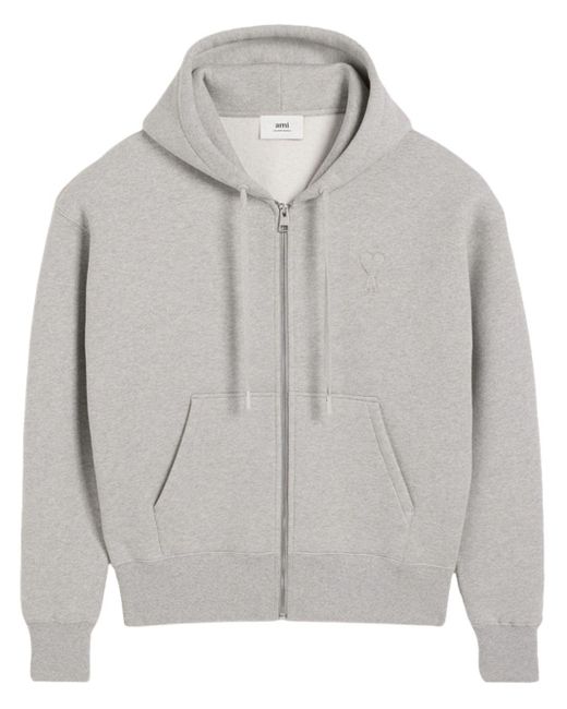 AMI Gray Ami De Coeur Zipped Cotton Hoodie