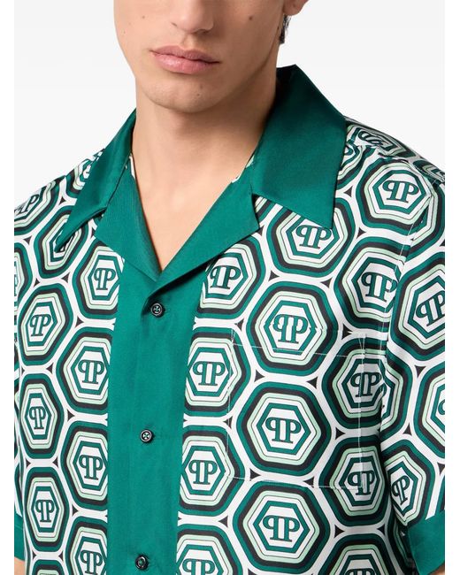 Philipp Plein Green Silk Bowling Shirt Monogram 70's for men