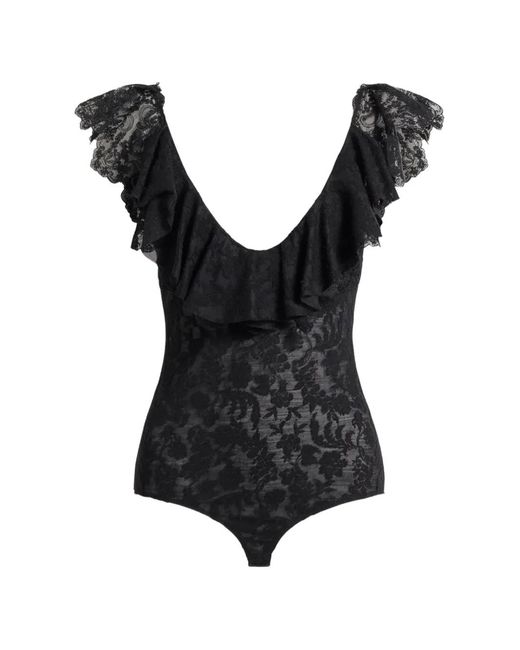 Alberta Ferretti Black Ruffled Lace Bodysuit