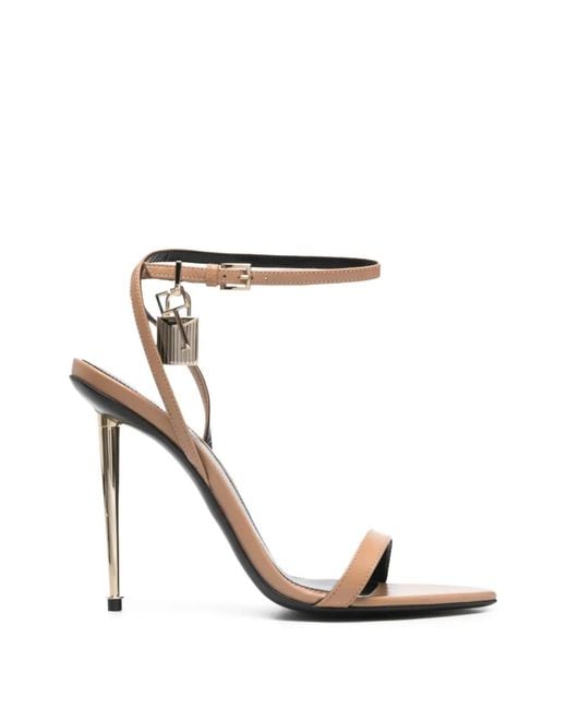 Tom Ford White Rum-Colored Shiny Leather Padlock Sandals With Golden Metal Padlock And Spike Heel