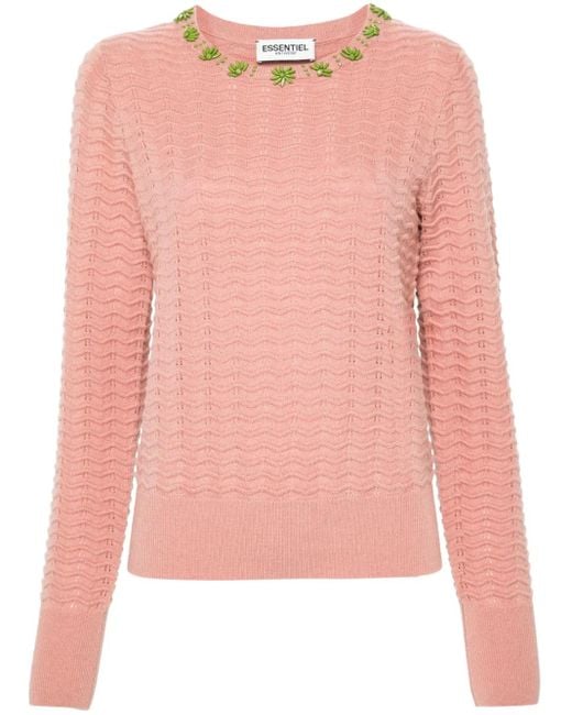 Essentiel Antwerp Pink Floral-Appliqué Knitted Sweater