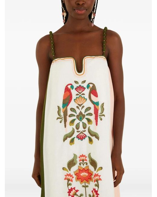 Farm Rio White Stich Embroidered-Parrot A-Line Mini Dress