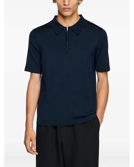 Sandro Blue Knitted Polo Shirt With Zip Collar for men