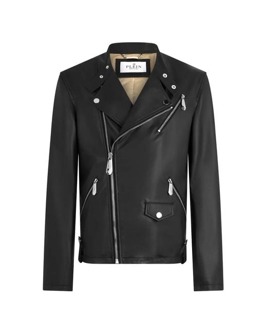 Philipp Plein Black Leather Biker Jacket for men