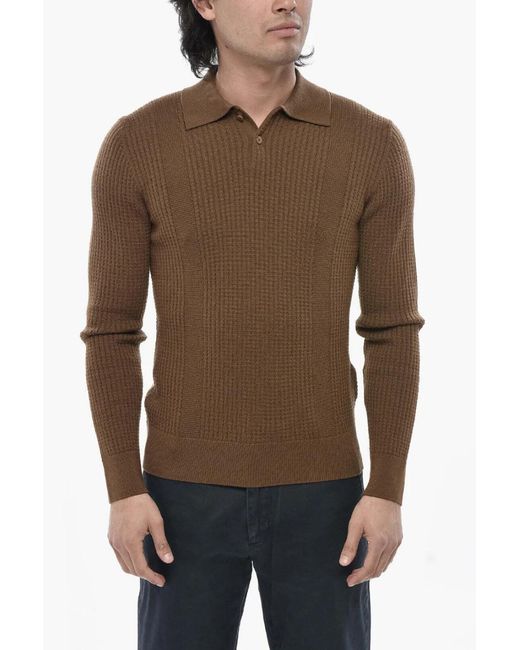 Paolo Pecora Brown Ribbed-Knit Polo-Collar Sweater for men