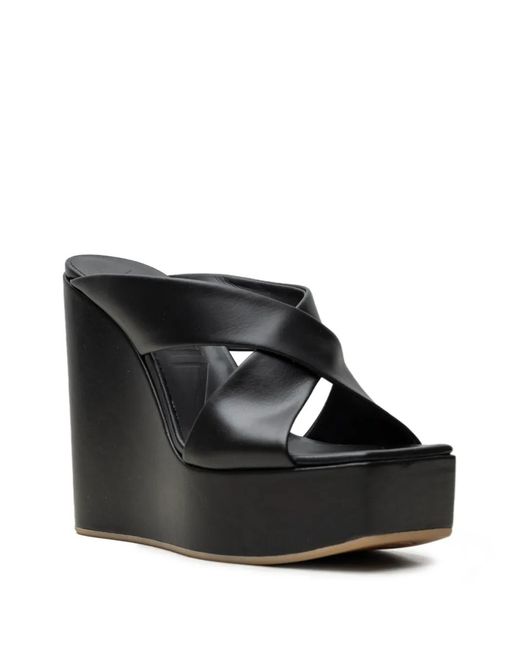 Vicini Black Crossover-Strap Wedge Mules