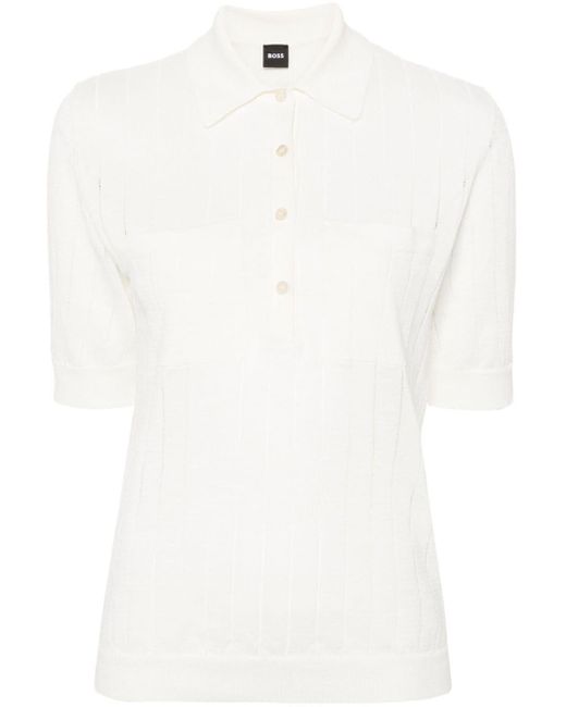 Boss White Ribbed Linen-blend Polo Shirt
