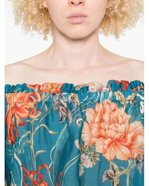 ALÉMAIS Blue Schulterfreie Bluse Mit Blumen-Print