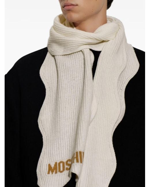 Moschino Natural Logo-Intarsia Ribbed-Knit Scarf