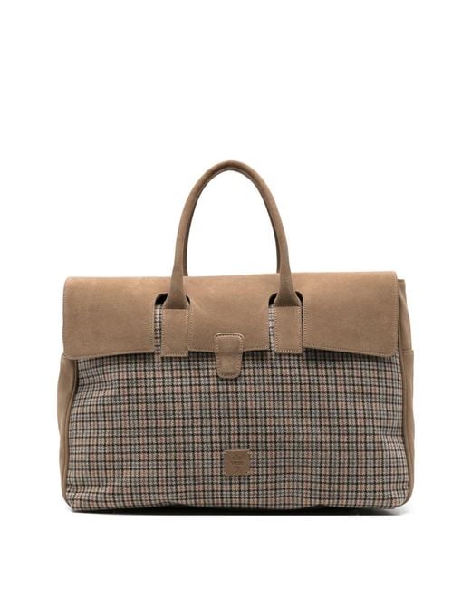 Eleventy Brown Check-Pattern Suede-Panelled Tote Bag for men