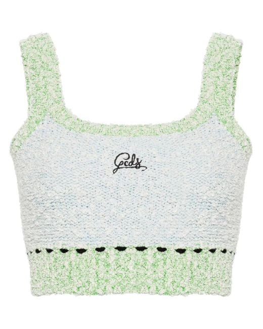 Gcds Green Logo-Embroidered Bouclé Cropped Top