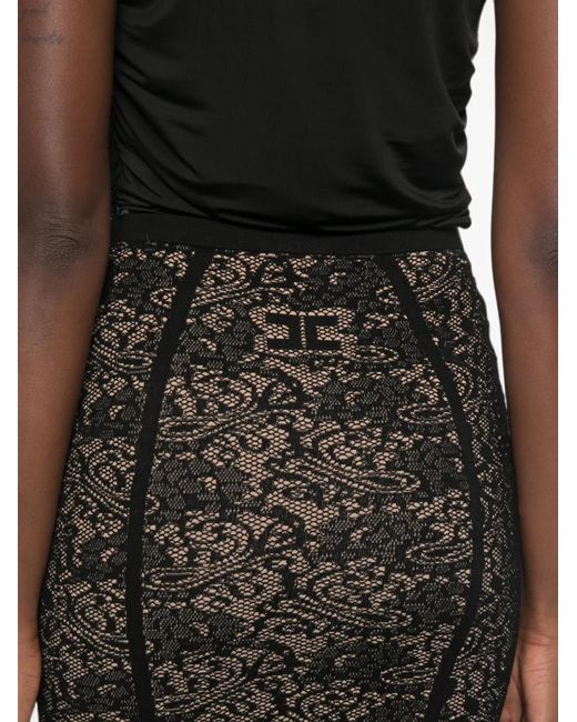 Elisabetta Franchi Black Lace-Pattern Logo-Detail Midi Skirt