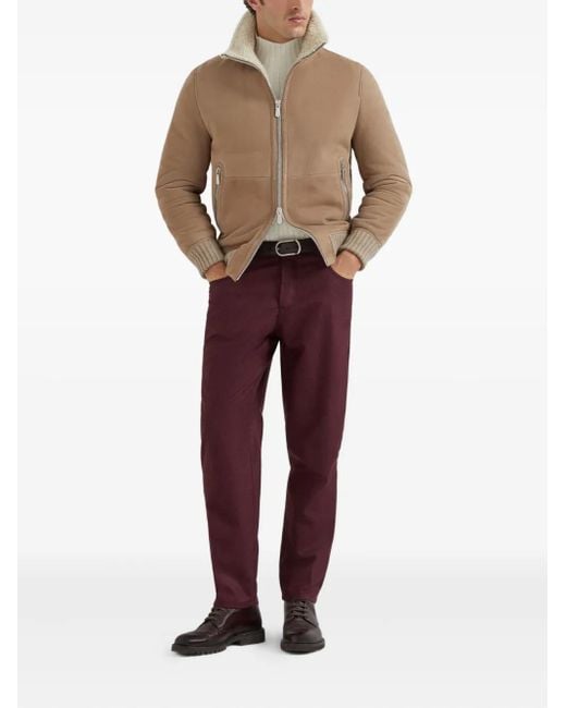 Brunello Cucinelli Brown Suede Jacket With Shearling Collar for men