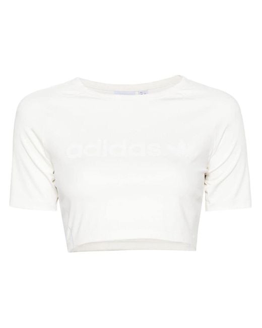 Adidas White Logo-print Cropped T-shirt