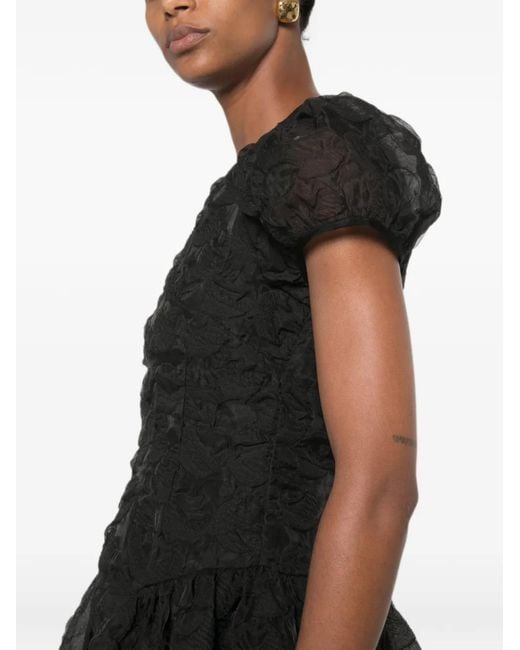 CECILIE BAHNSEN Black Puff-Sleeve Textured-Finish Midi Dress