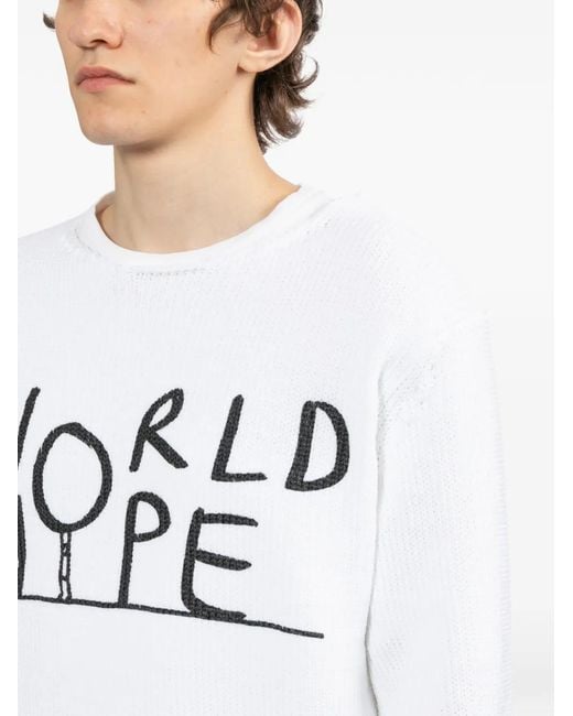 Comme des Garçons White Slogan Knitted Crew Neck Sweater for men