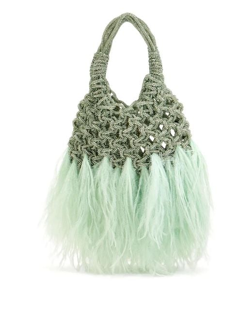 HIBOURAMA Green Vannifique Beaded Feathered Handbag
