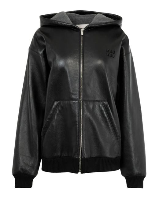 Miu Miu Black Lederjacke Mit Kapuze