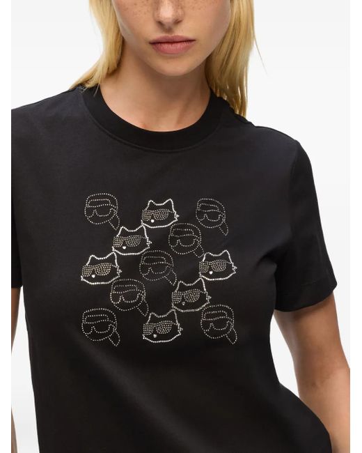 Karl Lagerfeld Black Rhinestone Cat-Face T-Shirt