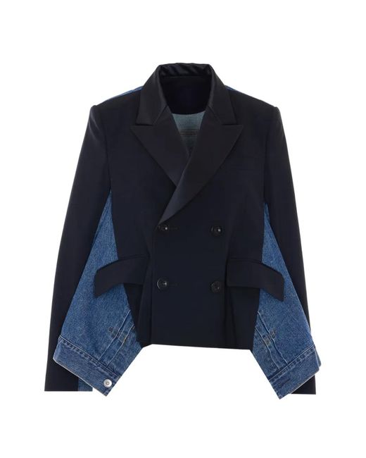Sacai Blue Double-Breasted Denim-Panel Jacket