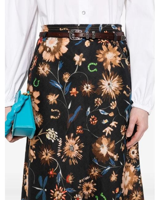 Dorothee Schumacher Black Floral-Print Linen Midi Skirt