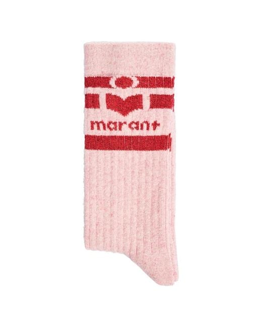 Isabel Marant Red Logo-Intarsia Ribbed-Knit Socks