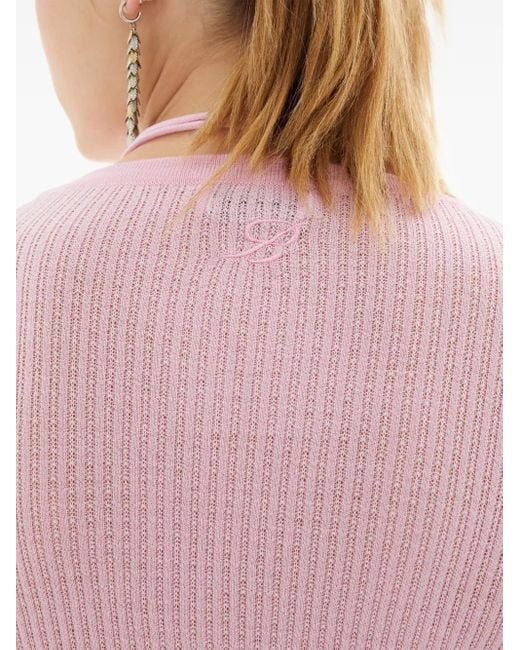 Blumarine Pink Rose-Embellished Ribbed Cardigan