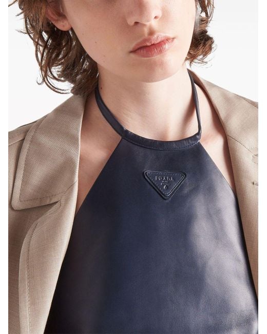 Prada Blue Halterneck Nappa-leather Cropped Top