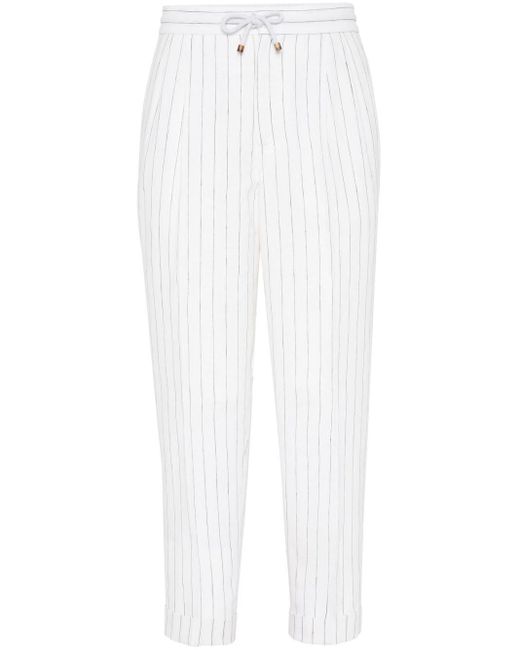 Brunello Cucinelli White Tapered-leg Striped Linen Trousers for men
