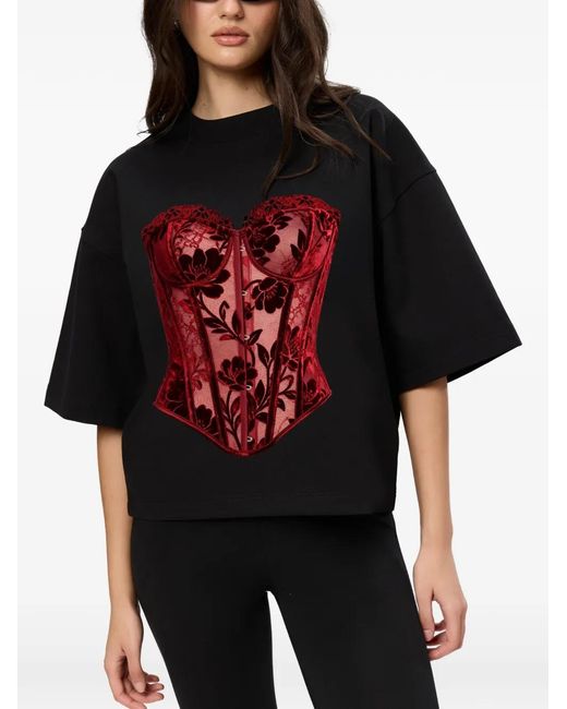 Hamza Red Lace-Print Corset-Style T-Shirt