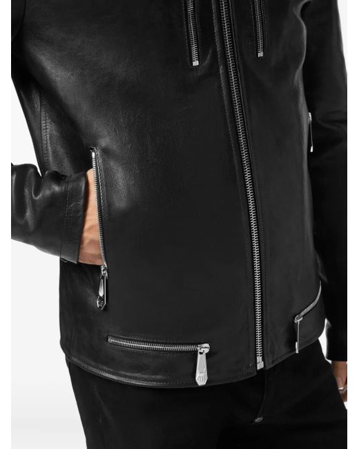 Philipp Plein Black Leather Moto Jacket for men
