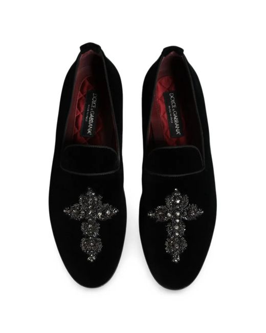 Dolce & Gabbana Black Embellished Velvet Loafers for men
