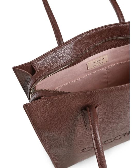 Coccinelle Brown Medium Myrtha26 Logo-Embossed Leather Tote Bag