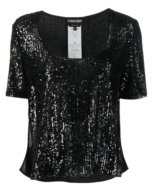 Tom Ford Black Sequin Short-Sleeve Top