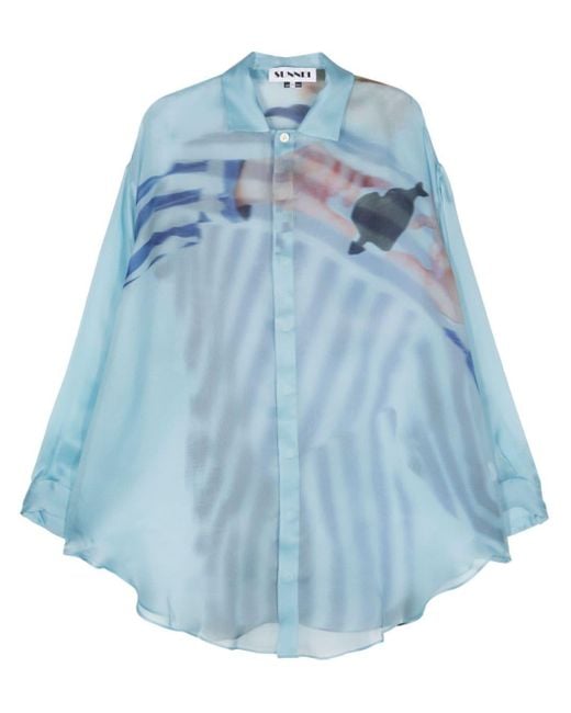Sunnei Blue Cuore-di-pietra-print Silk Shirt