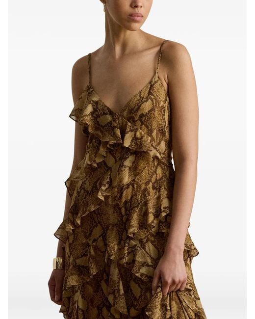 Ralph Lauren Metallic Gerüschtes Maxikleid Mit Python-Print