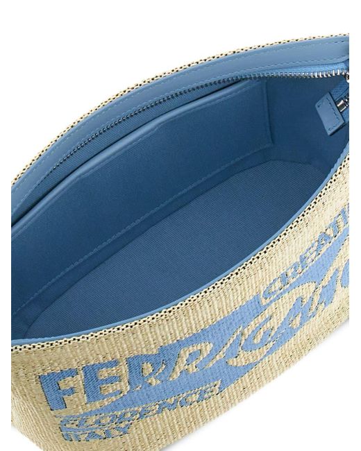 Ferragamo Blue Logo-embroidered Raffia Make Up Bag