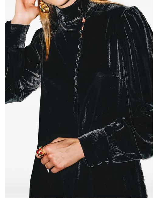 Maliparmi Black High-Neck Button-Front Velvet Maxi Dress