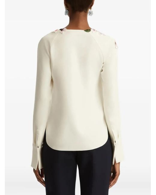 Oscar de la Renta White Floral-Embellished Long-Sleeve Blouse