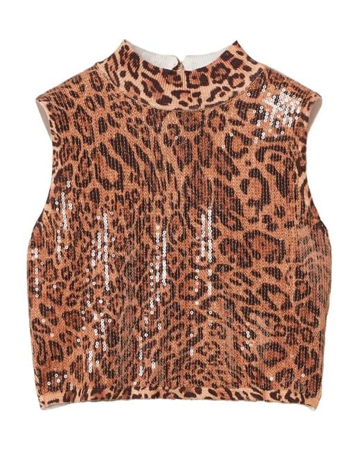 Twinset Brown Leopard-Print Sequin-Embellished Top