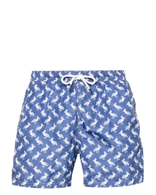 Fedeli Blue Madeira Pelikan-pattern Swim Shorts for men