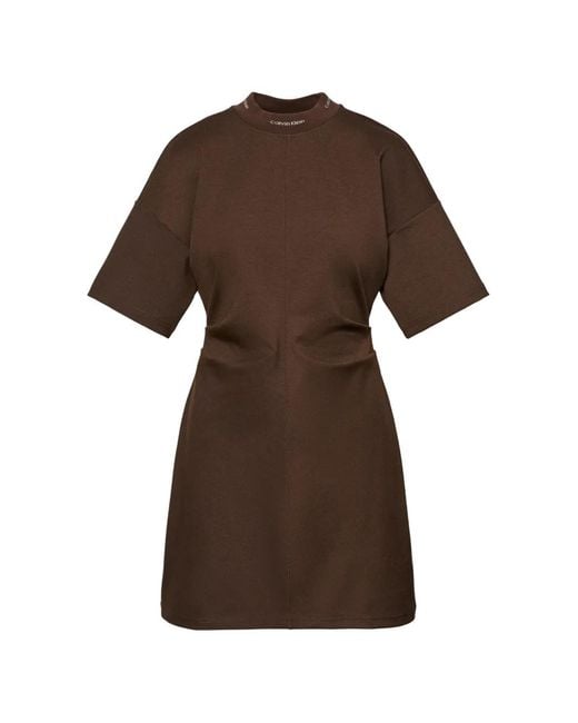 Calvin Klein Brown Logo-Collar Gathered-Waist Mini Dress