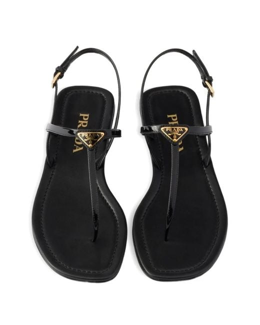 Prada Black Triangle Logo Patent Leather Sandals